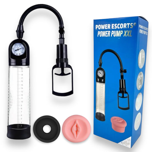 Power Escorts - BR29 - Power Pump XXL - Mega Penis Pump - With Extra Exchangeable Pussy & Manometer - Black/Transparant