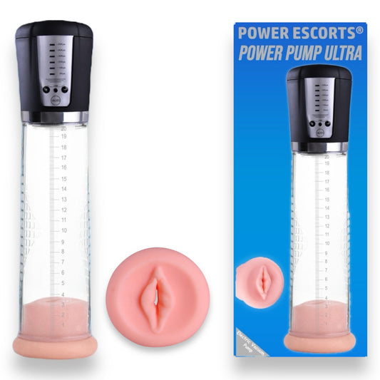 Power Escorts - BR52 - Power Pump Ultra - Automatic Penis Pump - With Extra Exchangeable Pussy & Digital Manometer - Rechargeable - Black/Transparant