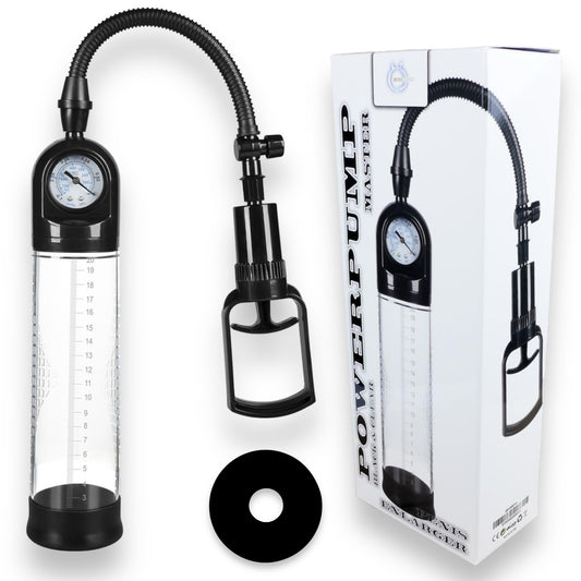 Bossoftoys - 60-00011 - Accu meter Pump - Penispump  with hand grip - Vacuum pump with pressure meter - Big size box 32 cm - dia box 6,9 cm - Colour box