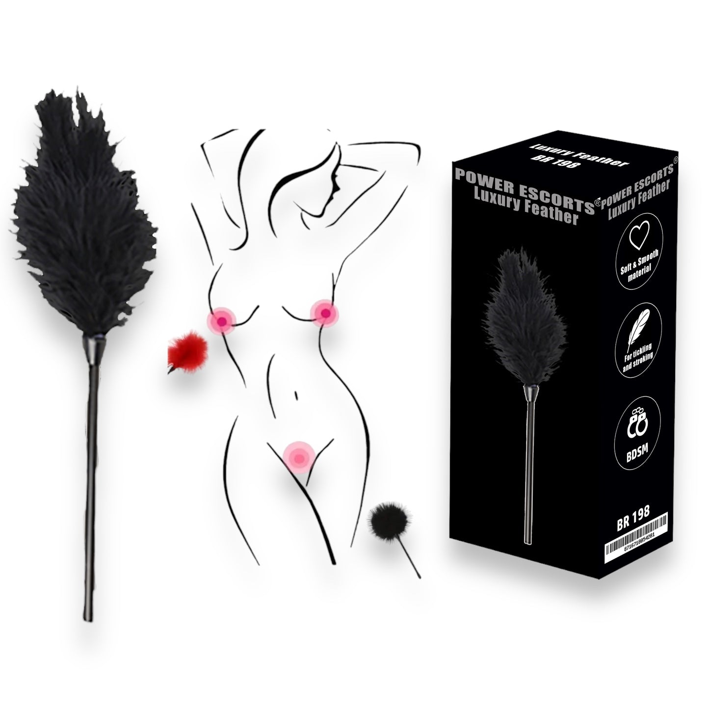 Power Escorts - BR198 Red - Luxury Feather Tickler - BDSM - Colour Box