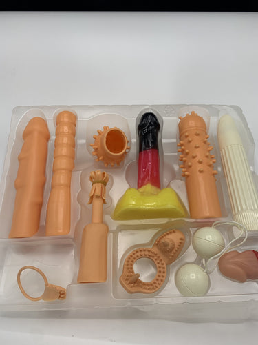 Hydas - 809 - 10 Pcs Erotic Giftset - Including Vibrators / Douballs / Cockring/ Penis Sleeves - Penis Gimmick etc - for Double pleasure - Multiple speed - Flesh Colour - Neutral Packing