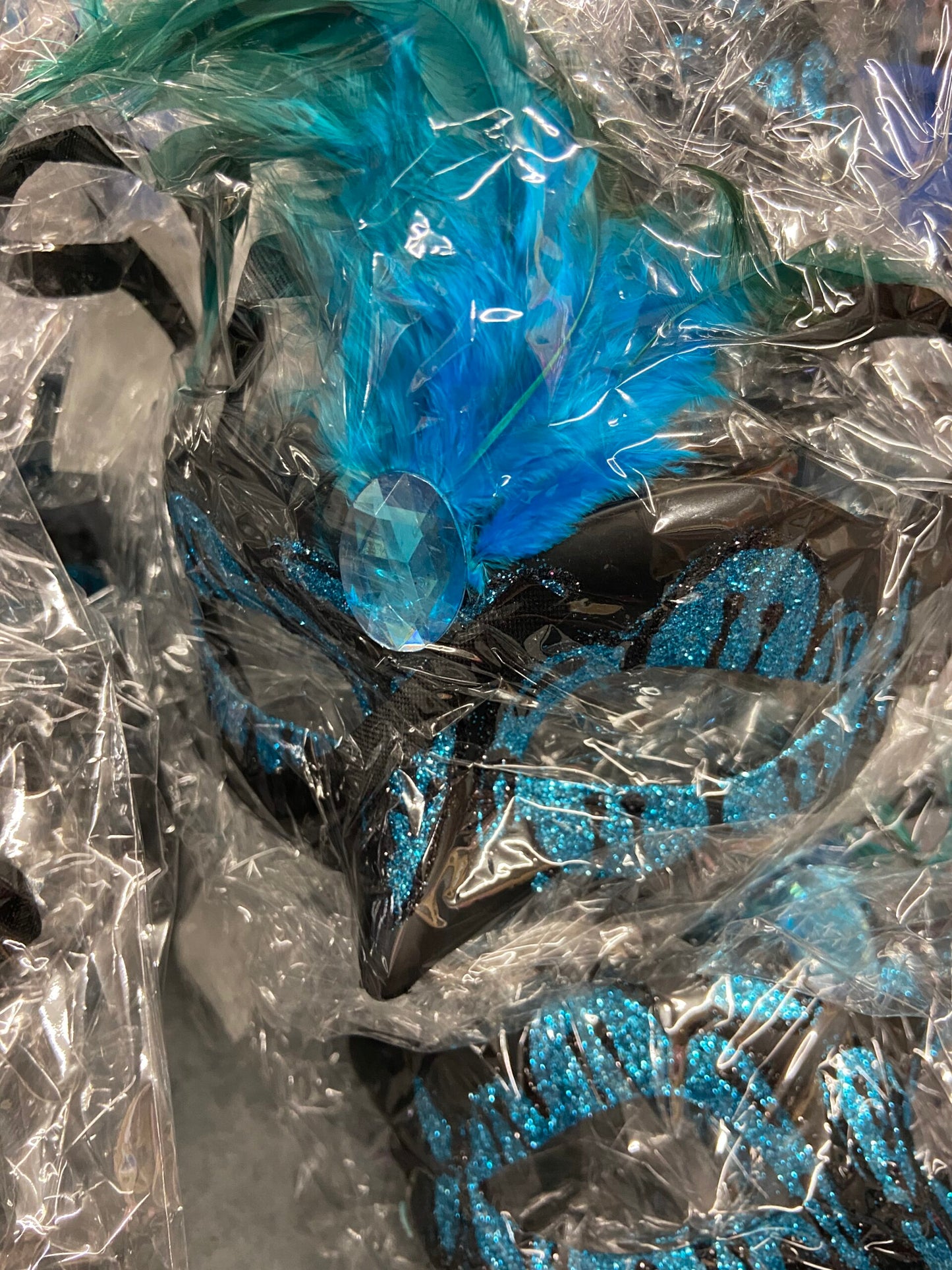 Power Escorts - BR248 Lightblue - Venetian Mask Light Blue with Blue Stone and Feather on Top - Adjustable Kinky Mask