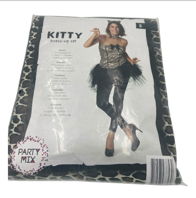 Kinky Kitty Dress Costume – Strapless Dress, Tail, Leopard Tiara Headband & Collar Bow Choker