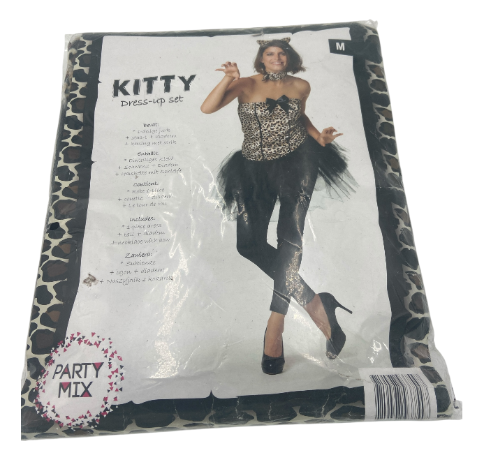 Kinky Kitty Dress Costume – Strapless Dress, Tail, Leopard Tiara Headband & Collar Bow Choker