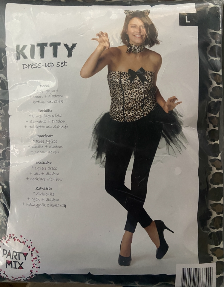 Kinky Kitty Dress Costume – Strapless Dress, Tail, Leopard Tiara Headband & Collar Bow Choker