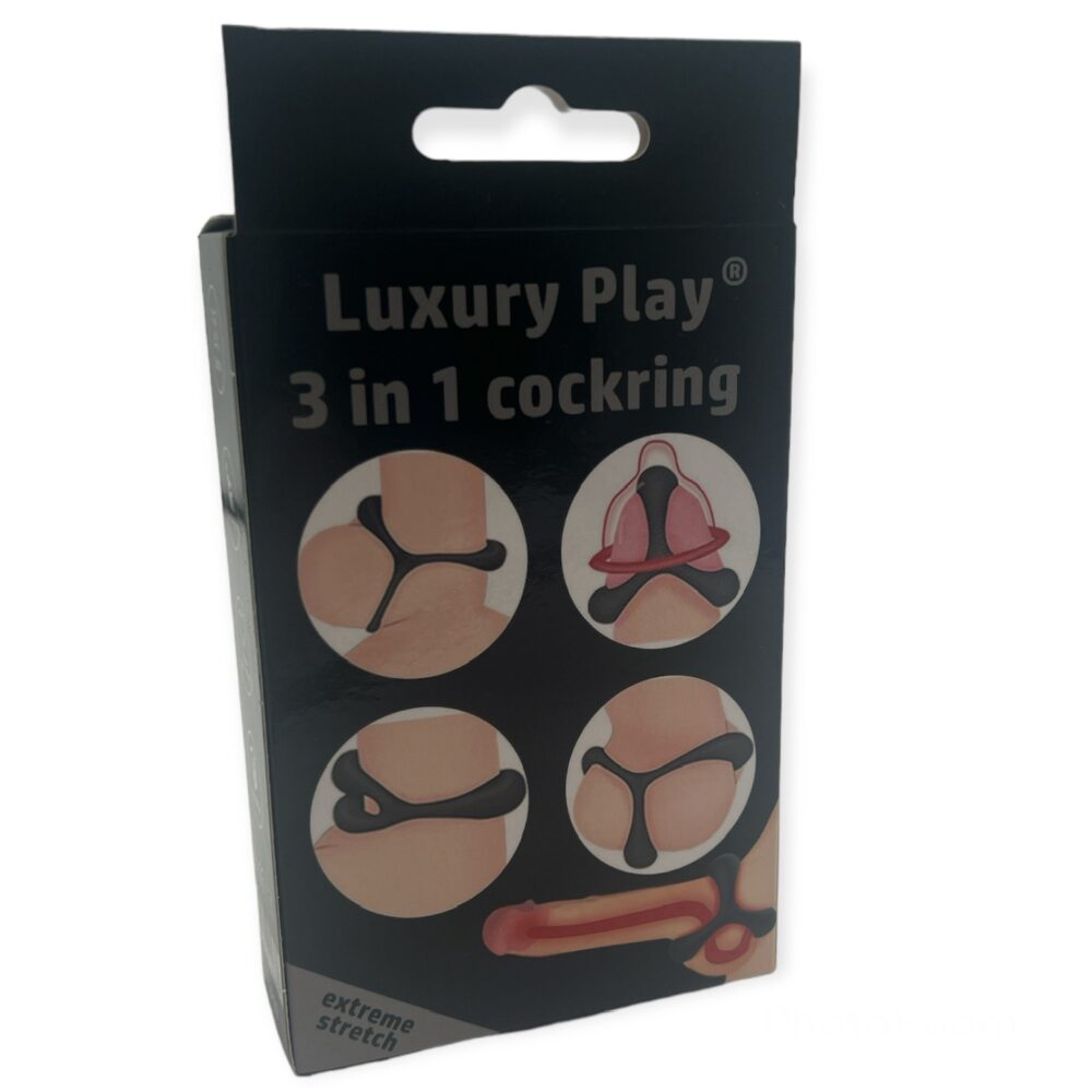 Luxury Play - Cockring - Elastic - Stretch - 3 Part Ring - Silicone - Black - LP07 - Colour box BACK IN STOCK