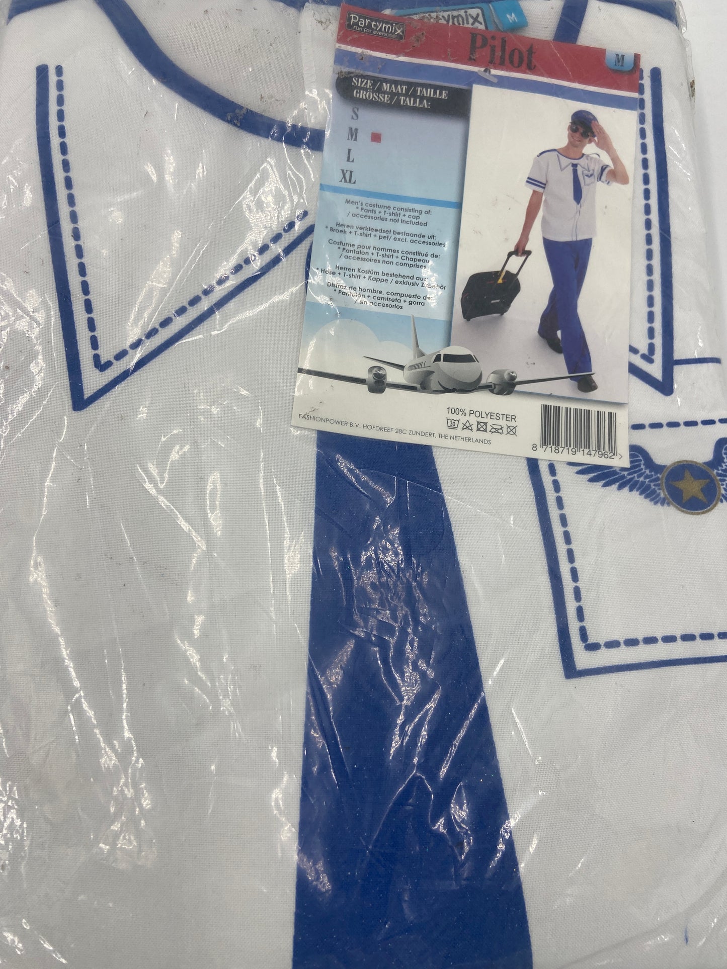 Sexy Pilot Costume – White/Blue Shirt, Blue Pants & Matching Pilot Cap Size S / M
