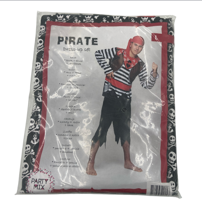 Sexy Pirate Roleplay Costume for Men – Black Pants, Striped Shirt & Red Headscarf – Size M