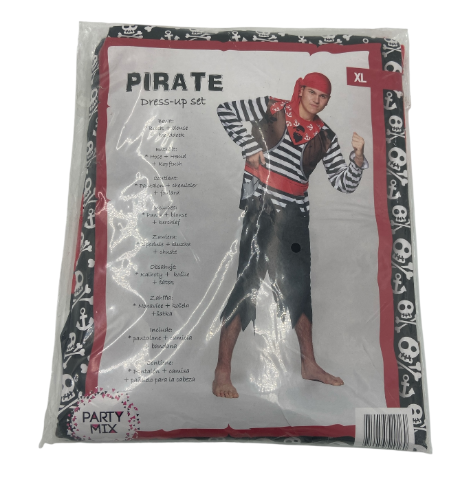 Sexy Pirate Roleplay Costume for Men – Black Pants, Striped Shirt & Red Headscarf – Size M