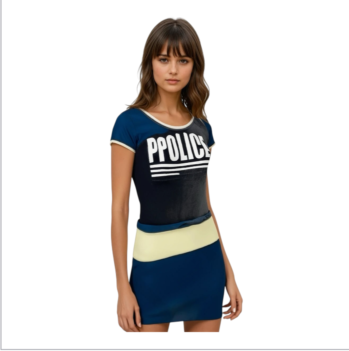 Sexy Policewoman Costume – Blue Roleplay Dress with Yellow Accent & Police Cap