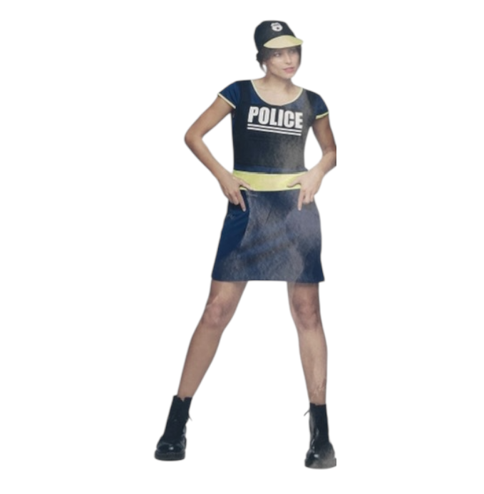 Sexy Policewoman Costume – Blue Roleplay Dress with Yellow Accent & Police Cap