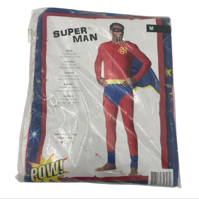 Sexy Superman Roleplay Costume – Red & Blue Bodysuit with Cape & Black Mask – Erotic Party Outfit S / M / L