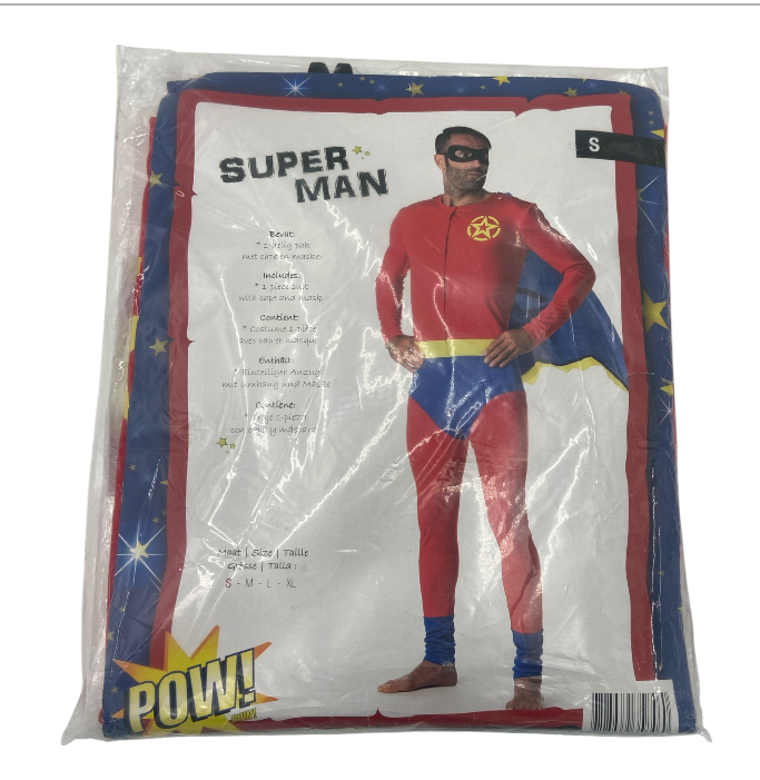 Sexy Superman Roleplay Costume – Red & Blue Bodysuit with Cape & Black Mask – Erotic Party Outfit S / M / L