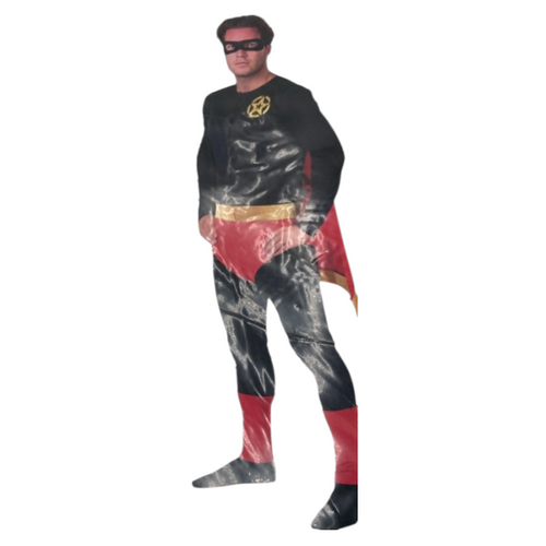 Kinky Dark Super Hero Costume – Super Man Black Suit with Red/Yellow Cape & Mask - Size M