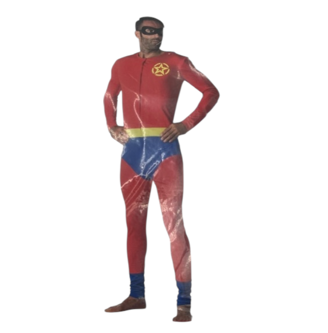Sexy Superman Roleplay Costume – Red & Blue Bodysuit with Cape & Black Mask – Erotic Party Outfit S / M / L