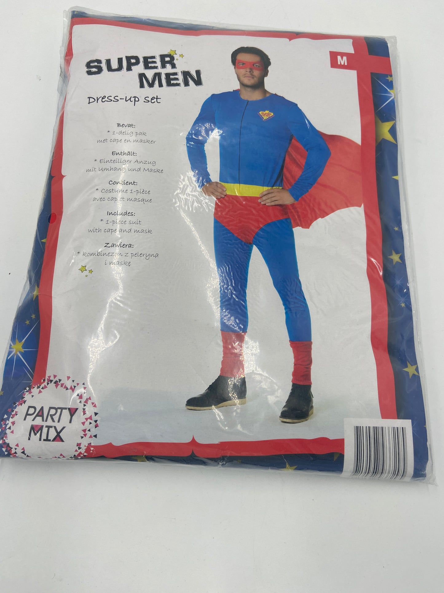 Kinky Supermen Costume – Tight Blue Suit with Red Cape & Mask - M / L / XL