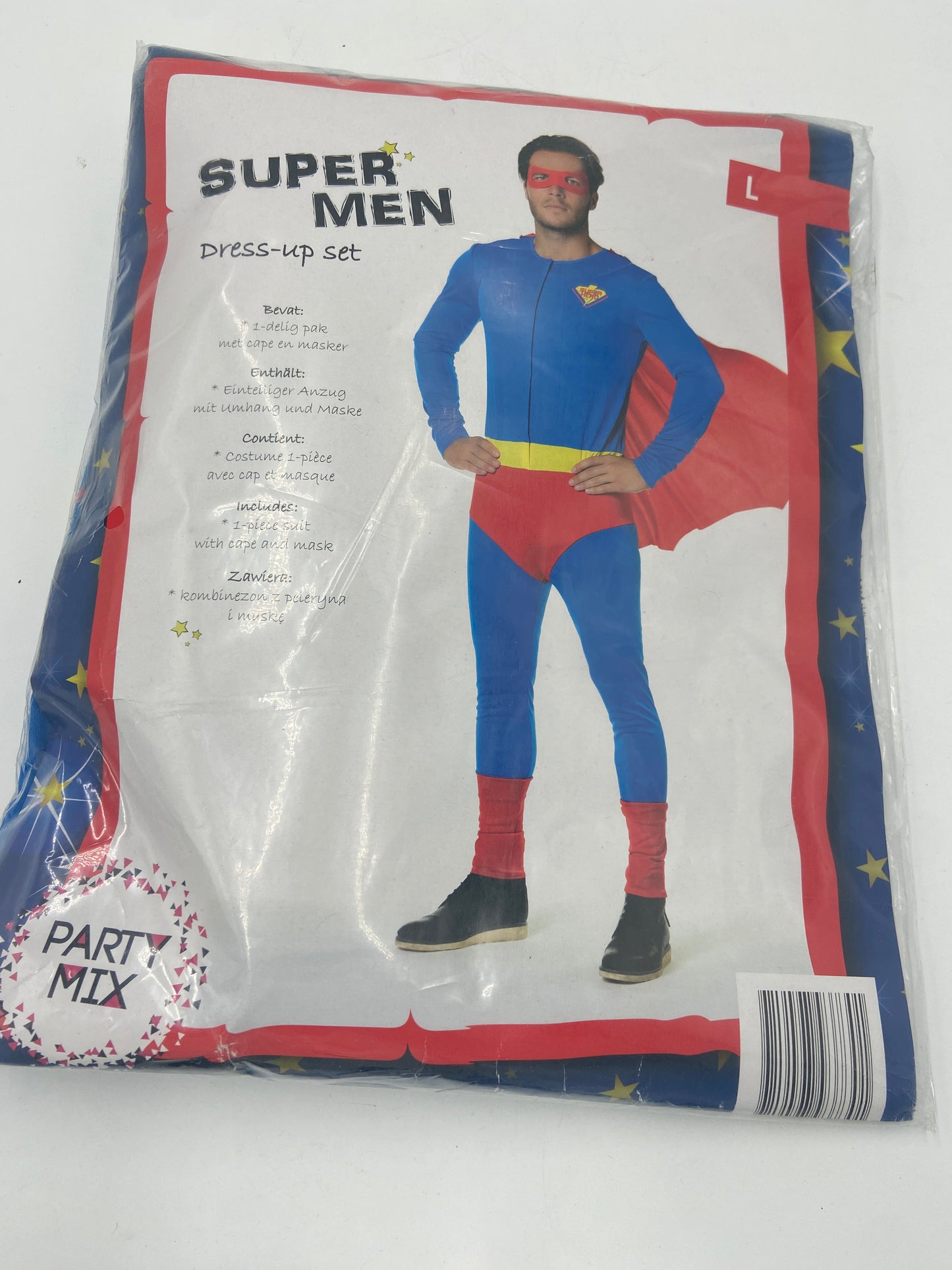 Kinky Supermen Costume – Tight Blue Suit with Red Cape & Mask - M / L / XL