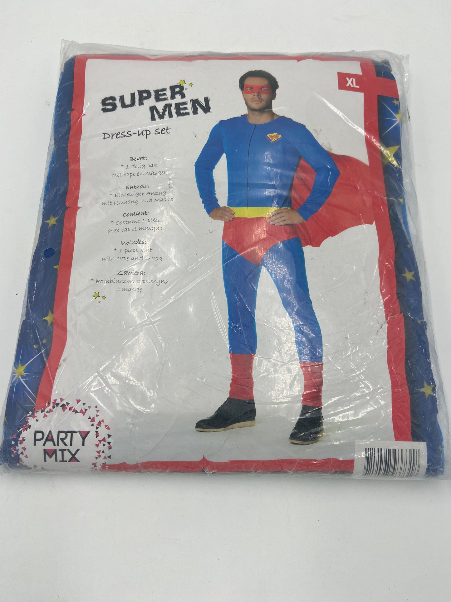 Kinky Supermen Costume – Tight Blue Suit with Red Cape & Mask - M / L / XL