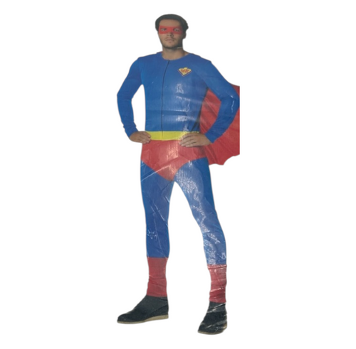 Kinky Supermen Costume – Tight Blue Suit with Red Cape & Mask - M / L / XL