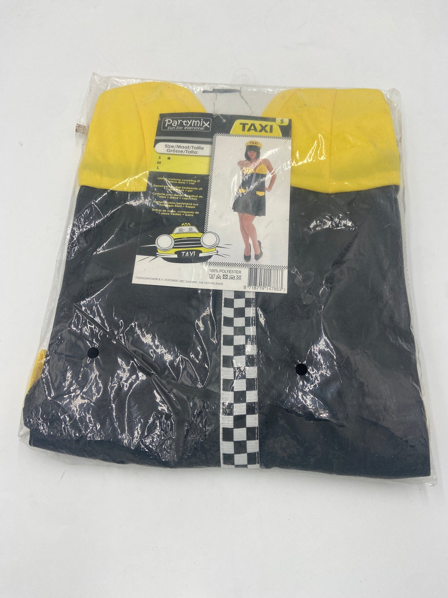 Kinky Taxi Driver Costume – Sexy Black/Yellow Mini Dress with Matching Cap – S / M / L