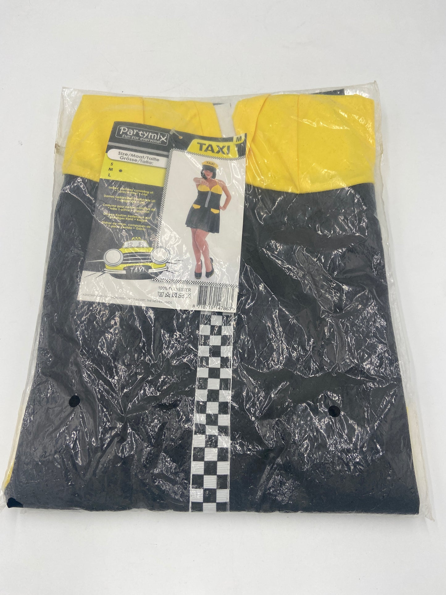 Kinky Taxi Driver Costume – Sexy Black/Yellow Mini Dress with Matching Cap – S / M / L