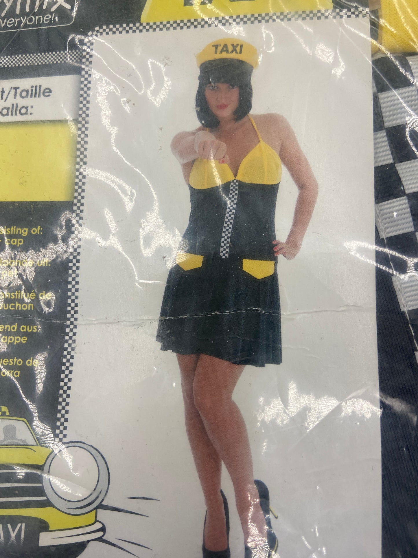 Kinky Taxi Driver Costume – Sexy Black/Yellow Mini Dress with Matching Cap – S / M / L