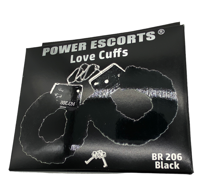 Power Escorts - BR206 Black - Furry Hand cuffs Black -Colour Box