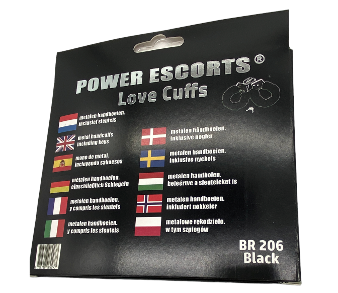 Power Escorts - BR206 Black - Furry Hand cuffs Black -Colour Box
