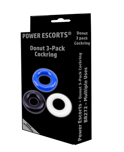 Power Escorts - BR272 - Donut Cockring 3 Pack - Super Stretchable - 3 colors blue /clear /black - attractive colourbox