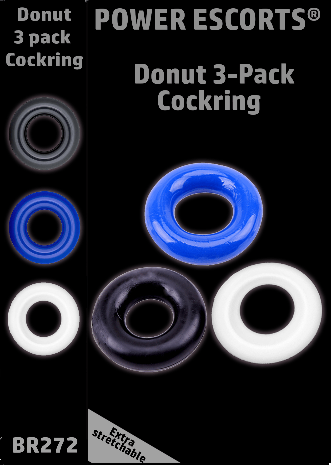 Power Escorts - BR272 - Donut Cockring 3 Pack - Super Stretchable - 3 colors blue /clear /black - attractive colourbox