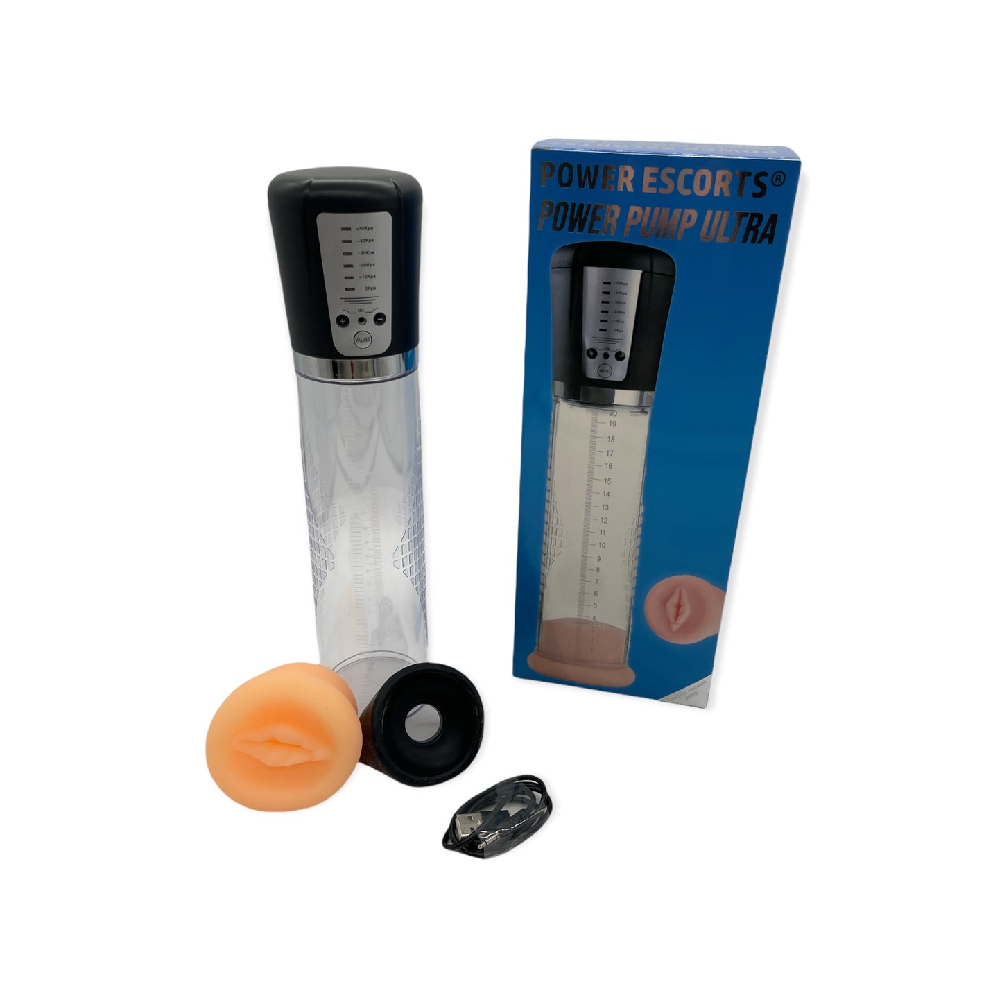 Power Escorts - BR52 - Power Pump Ultra - Automatic Penis Pump - With Extra Exchangeable Pussy & Digital Manometer - Rechargeable - Black/Transparant