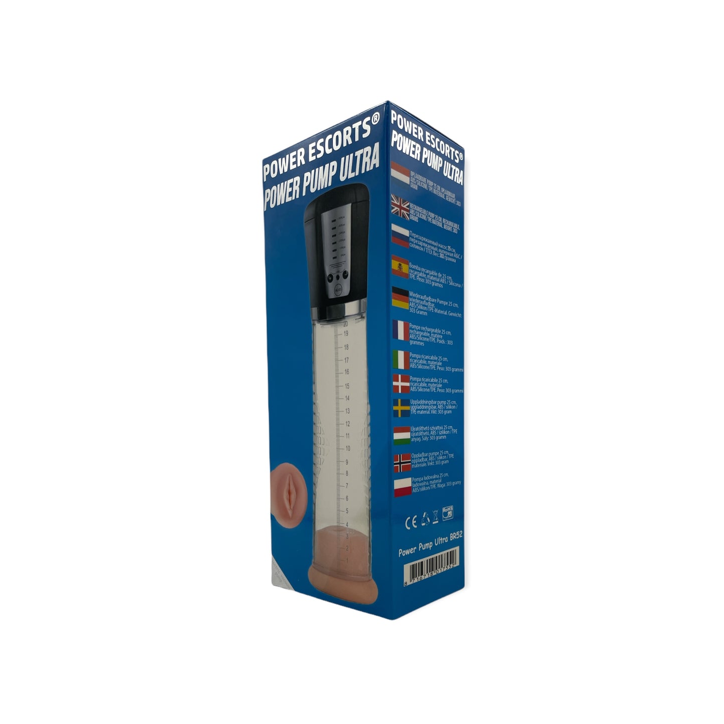Power Escorts - BR52 - Power Pump Ultra - Automatic Penis Pump - With Extra Exchangeable Pussy & Digital Manometer - Rechargeable - Black/Transparant