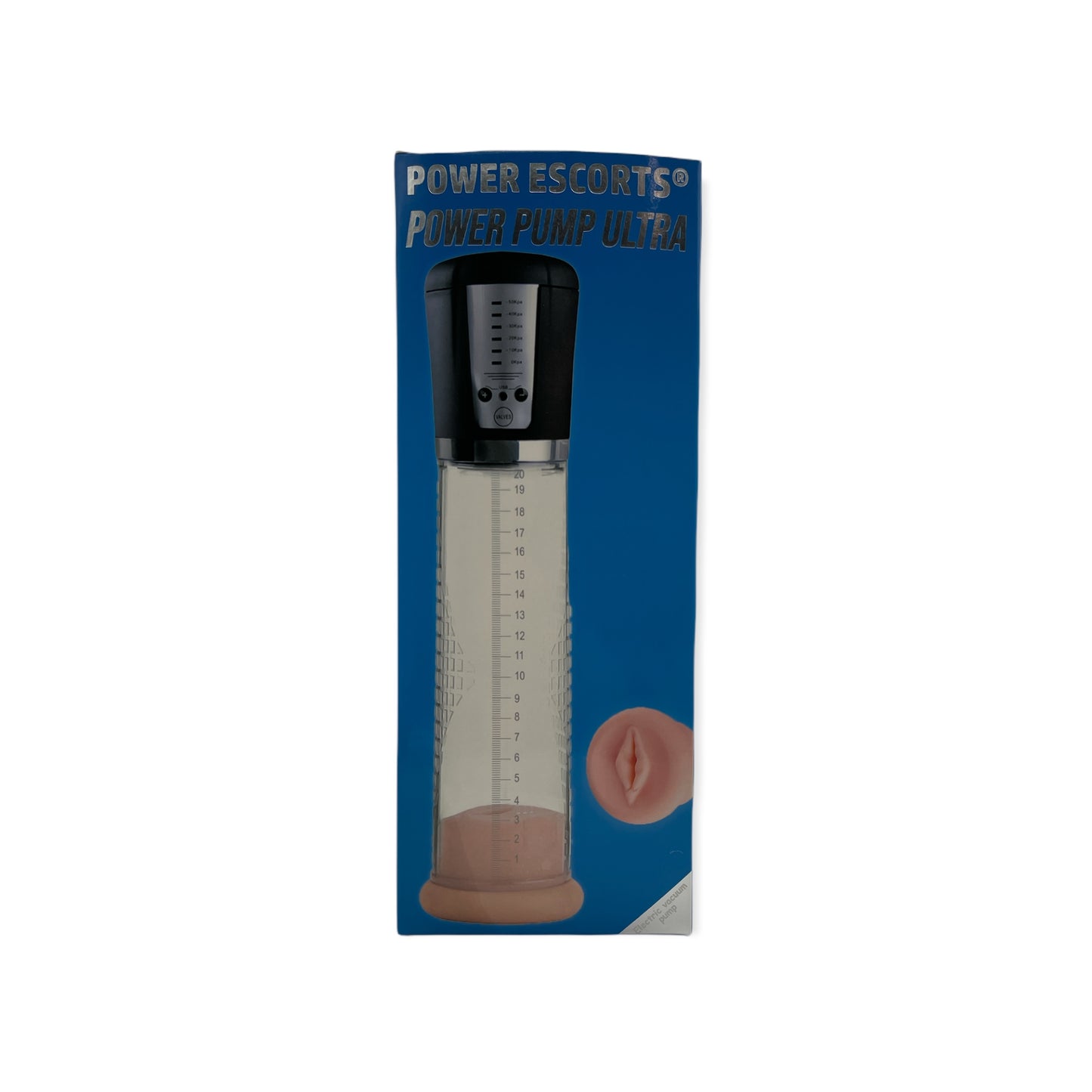 Power Escorts - BR52 - Power Pump Ultra - Automatic Penis Pump - With Extra Exchangeable Pussy & Digital Manometer - Rechargeable - Black/Transparant