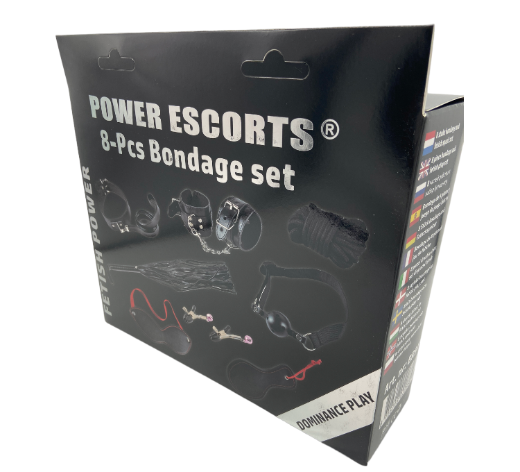 Power Escorts - BR91 - Fetish Power - 8-Pcs Bondage Set - BDSM Bondage Kit - Nipple Clamps, Collar, Handcuffs, Rope, Mask, Paddle, Whip & Ball Gag