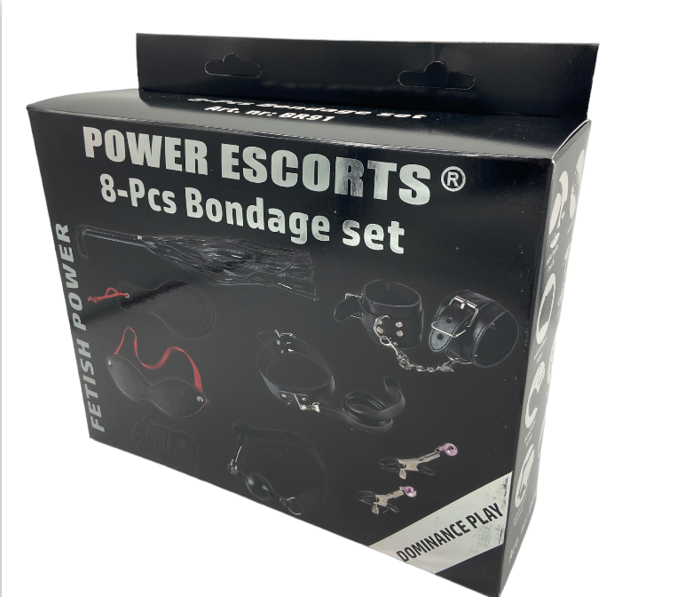 Power Escorts - BR91 - Fetish Power - 8-Pcs Bondage Set - BDSM Bondage Kit - Nipple Clamps, Collar, Handcuffs, Rope, Mask, Paddle, Whip & Ball Gag