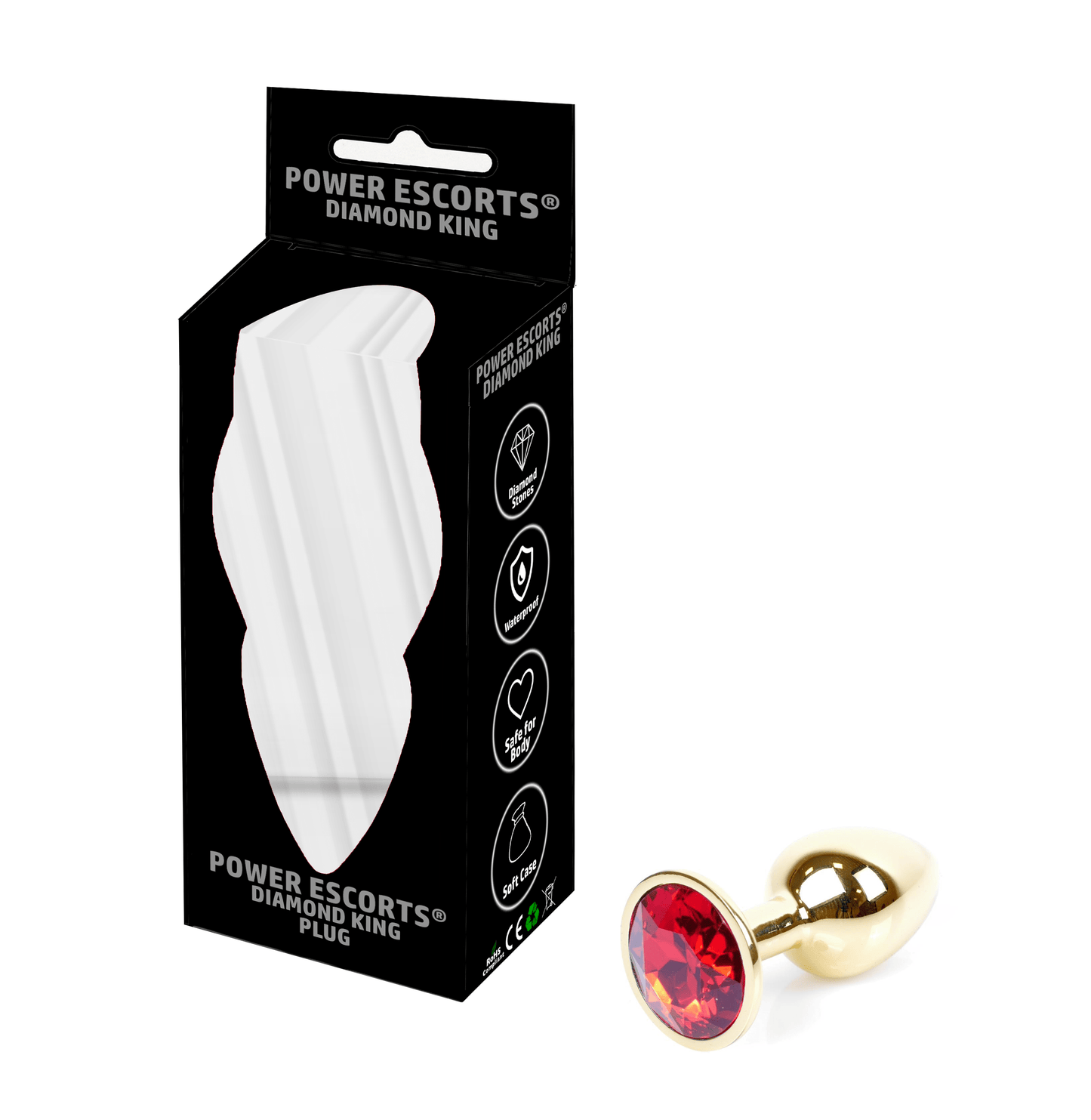 Power Escorts - BR211 Sred - Diamond King Gold Anal Small Plug Red Stone - Diameter 2.7 cm - Length 7 cm