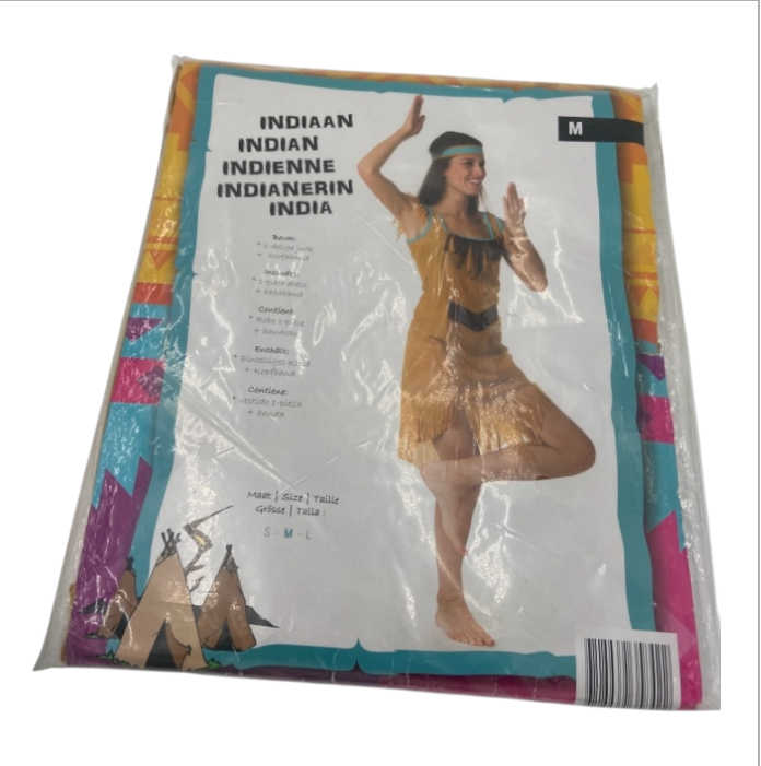 Kinky Indian Female Tribal Fantasy Costume – Brown Fringe Dress with Blue Accents & Headband – Sizes M & L
