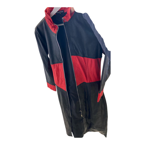 Fashionworld Long Black Coat with Red Stripe & Front Zipper – Sizes S