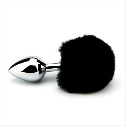 Black Bunny Tail Butt Plug- 9 Cm Tail , 8,3 Cm Plug , dia 3,4 cm - N10422