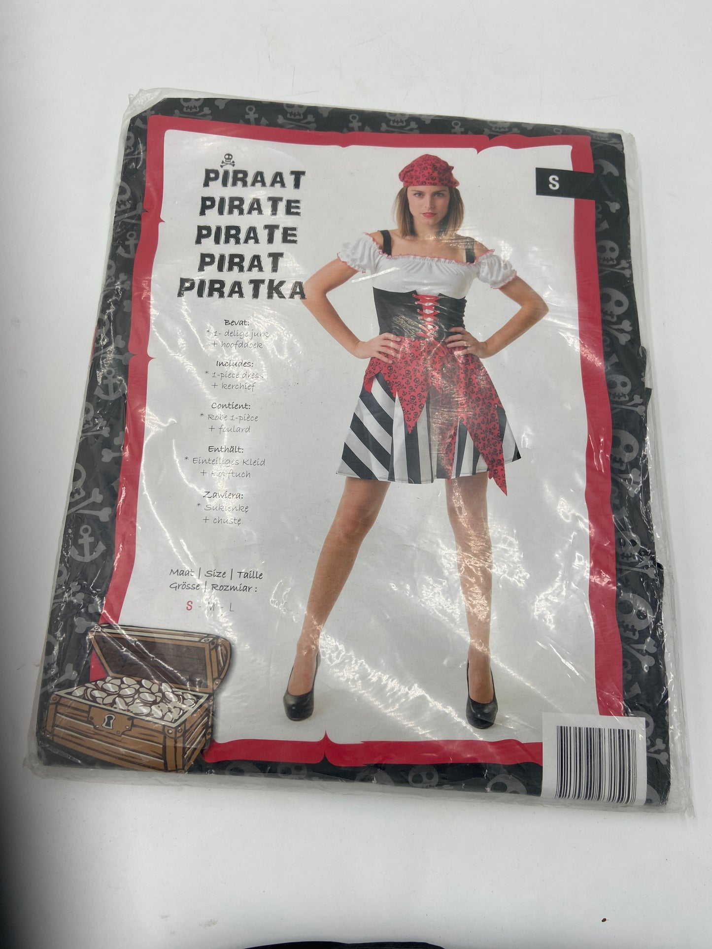 Sexy Pirate Costume – Kinky Black/White/Red Dress with Matching Red/Black Headscarf Size S