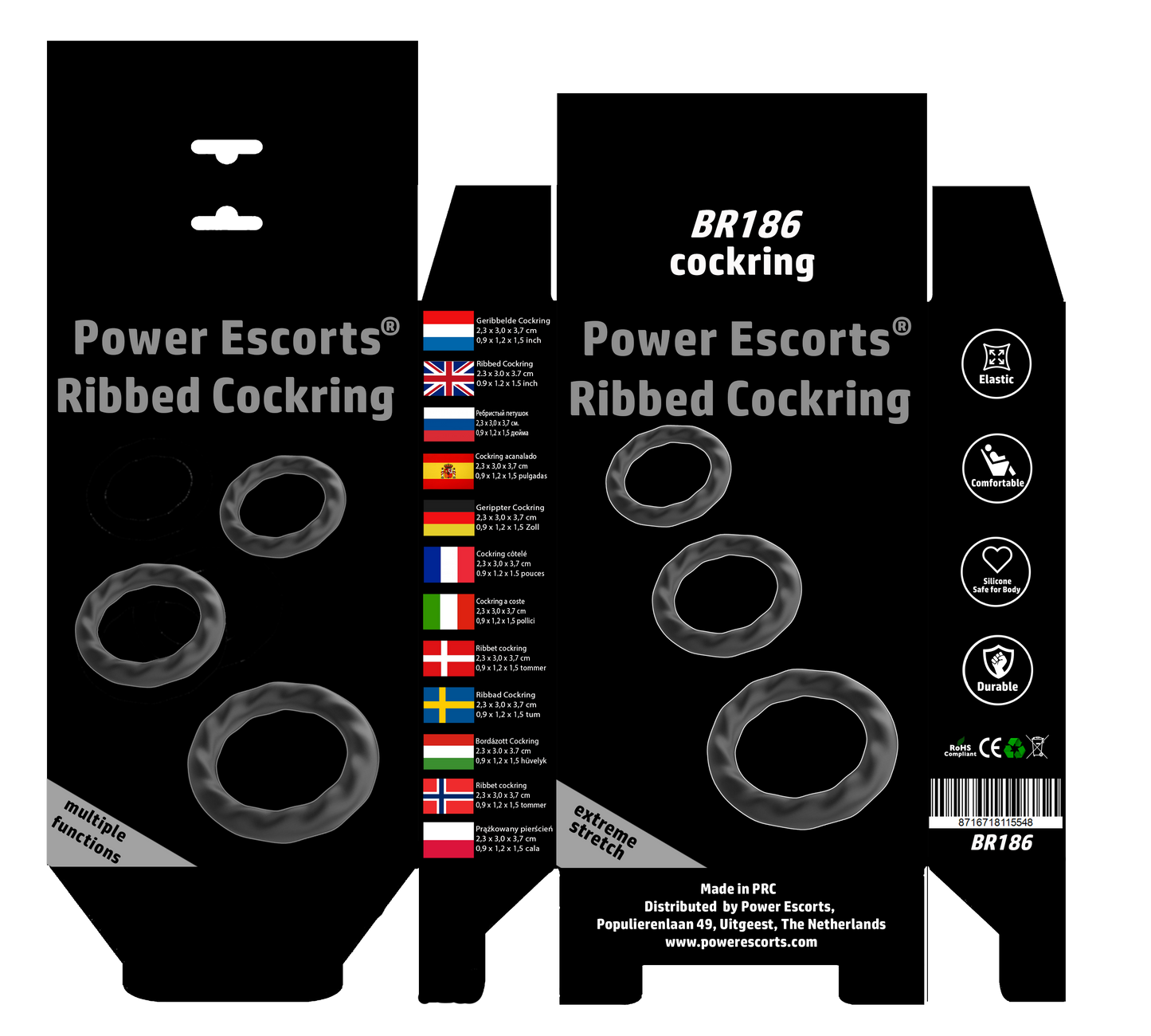 Power Escorts - BR186 - Ribbed Cockring - 3 Pack Cockring Set
