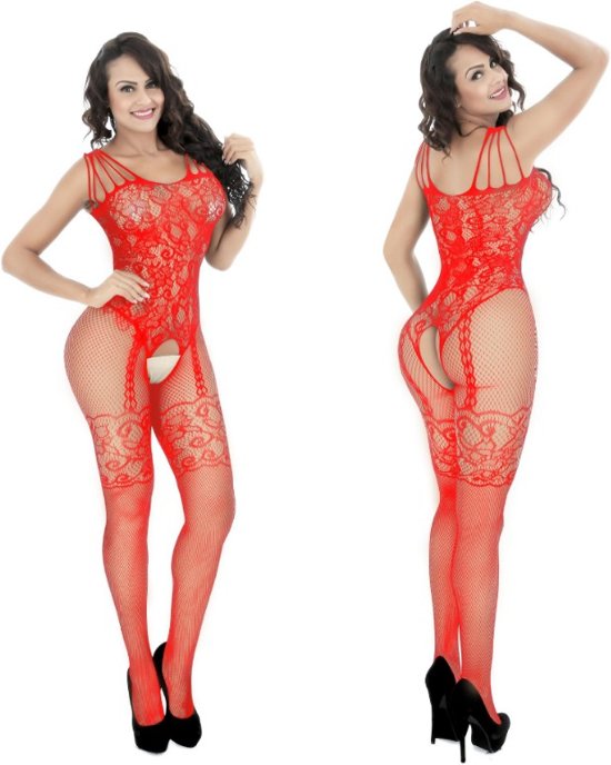 Body Pleasure - TL15 Red - Open Bodystocking - Colour Box - One Size Fits Most