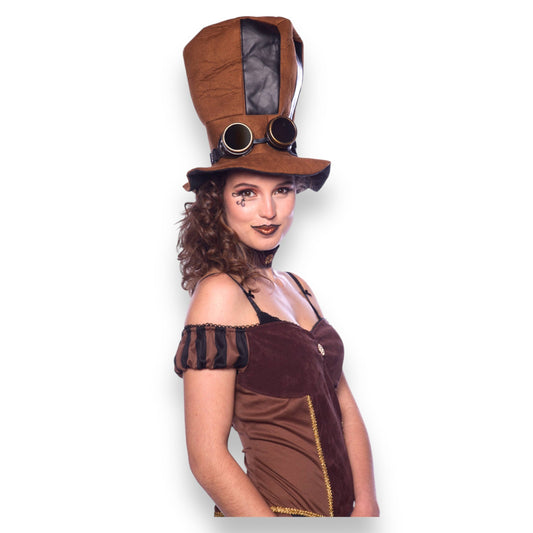 Kinky Pleasure - FT120 - Steampunk Top Hat with Goggles - Brown - 1 Piece