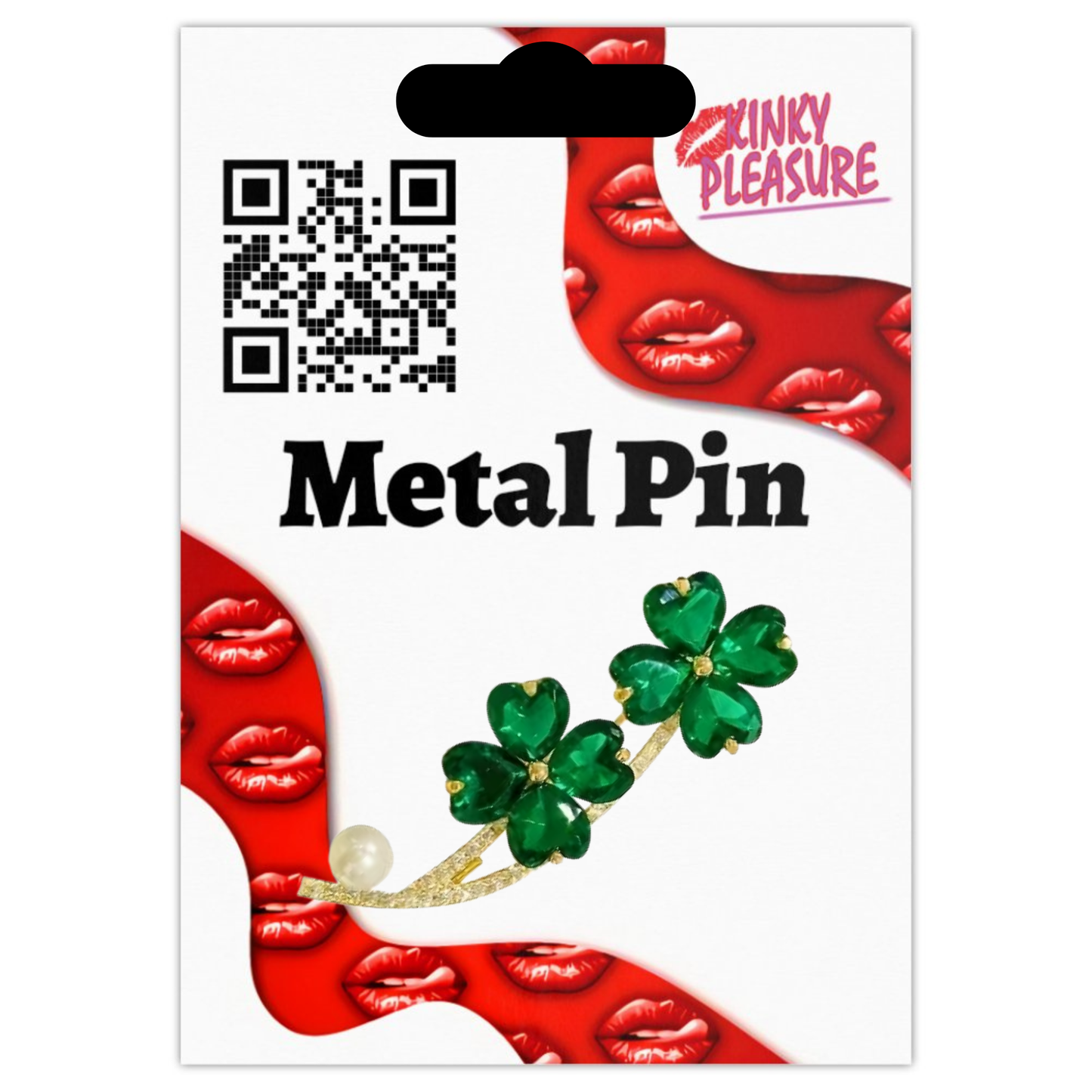 Kinky Pleasure – KPB097 – Metal Pin – Lucky Clover Sparkle Brooch with Pearl Accent