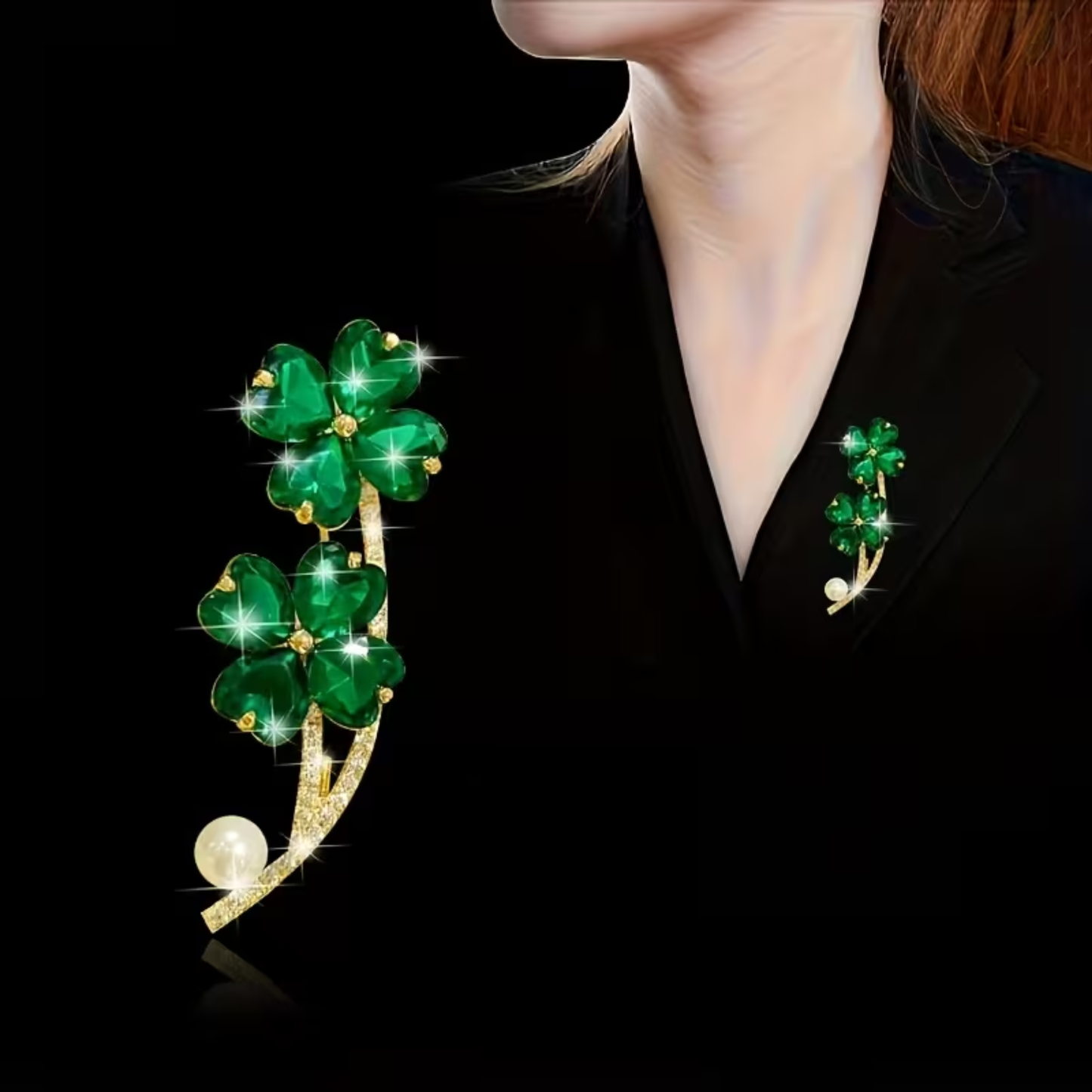 Kinky Pleasure – KPB097 – Metal Pin – Lucky Clover Sparkle Brooch with Pearl Accent