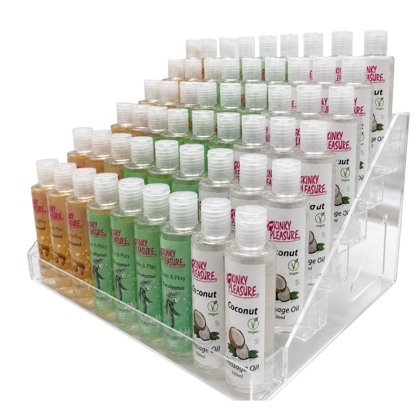 Kinky Pleasure - Display – KP Massage Oil – 100ml – Coconut, Almond, Eucalyptus – 56 Pieces