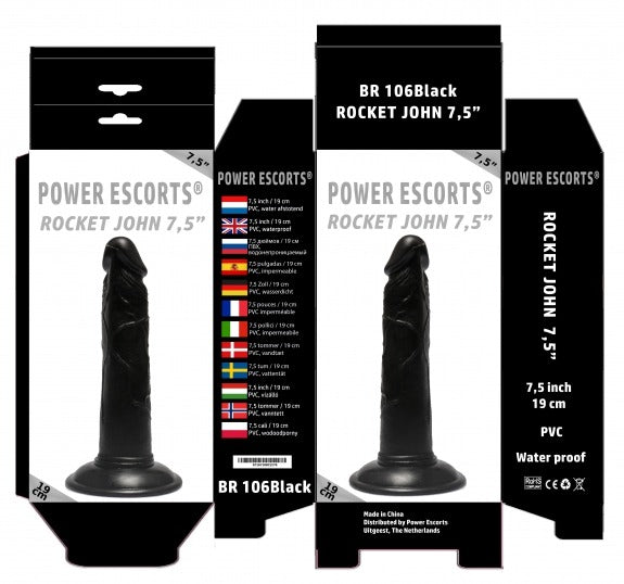 Power Escorts - BR106 - Rocket John 7,5'' - Realistic Dildo - 7,5 Inch / 19 CM - Black