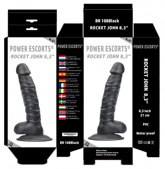 Power Escorts - BR108 - Rocket John 8,3'' - Realistic Dildo - 8,3 Inch / 21 CM - Black