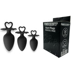 Power Escorts - BR317 - Heart Plug Anal Starter 3-Pack  - S, M & L - Black - quality Silicone - Colour box