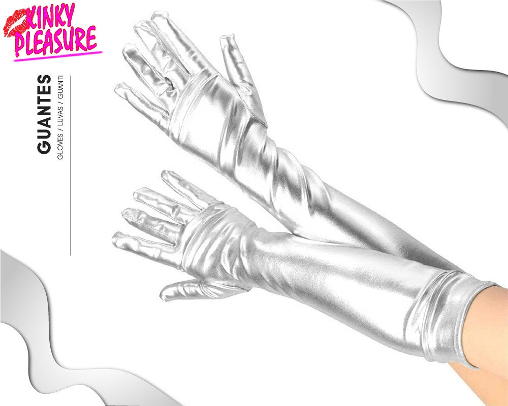 Kinky Pleasure - Hand Gloves Long Wettlook - Zilver